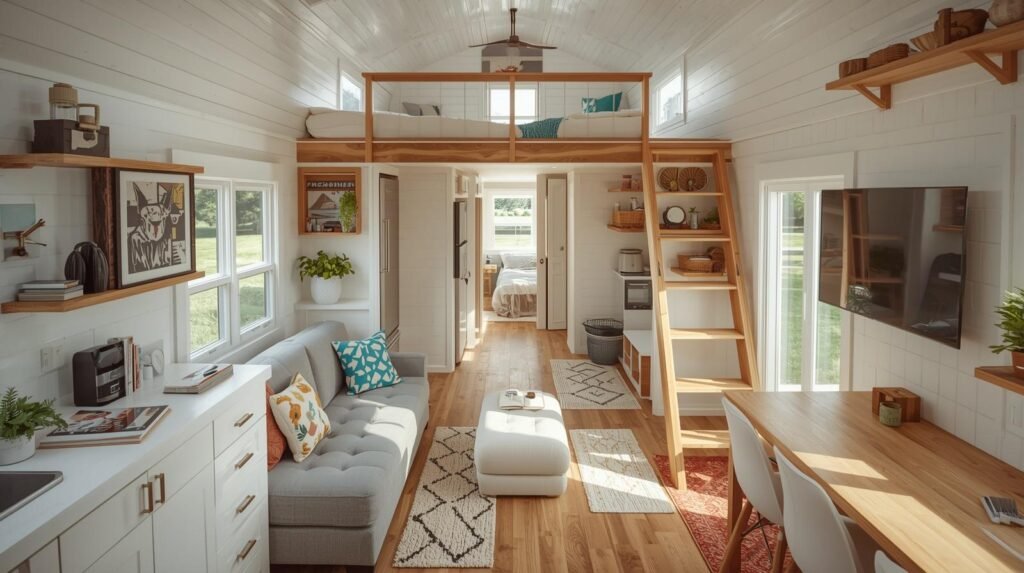 Tiny House Living Ideas to Maximize Space and Comfort 4 kitchen and living areas with rugs defining zones.ith