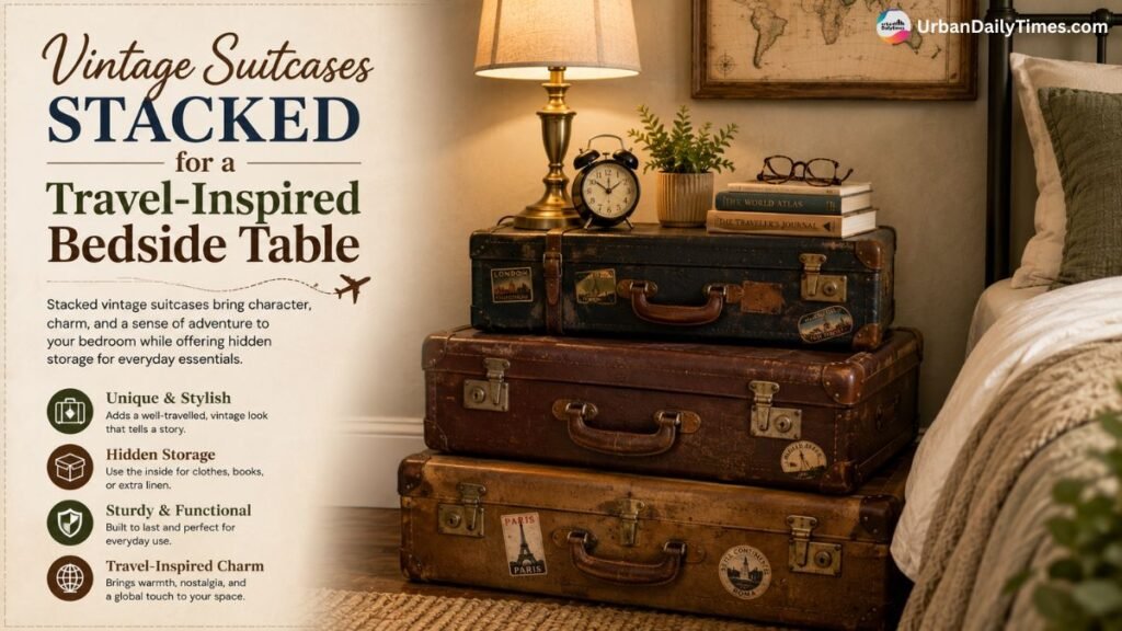 Alternative Bedside Table Ideas for a Stylish Bedroom 4 Alternative Bedside Table Ideas Vintage suitcases stacked for a travel inspired bedside table