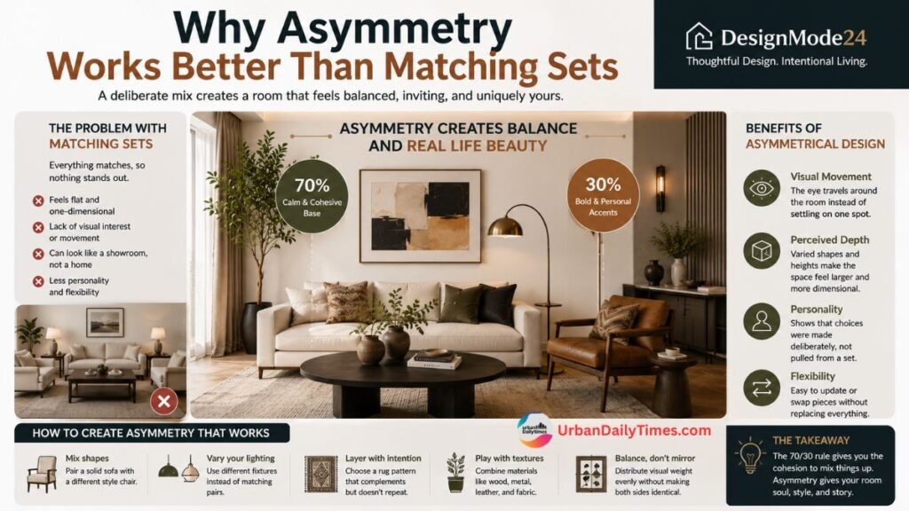 DesignMode24 Interior Design: The 70/30 Layout Rule Behind Their Most-Saved Room Makeovers 4 DesignMode24 Interior Design Why Asymmetry Works Better Than Matching Sets