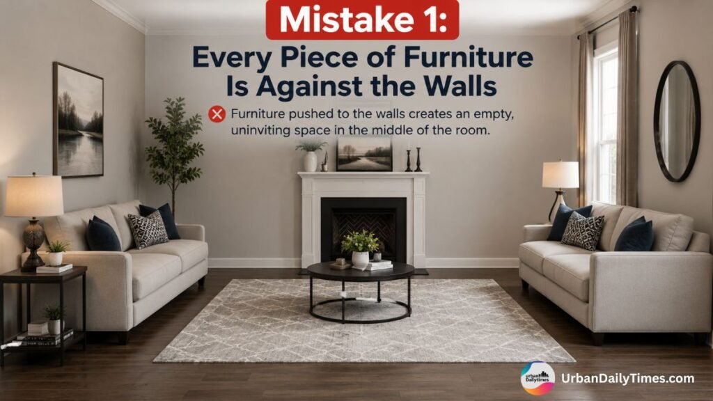 UrbanDailyTimes.com Guide: The Living Room Layout Mistake Most Americans Make 2 Mistake 1 Every Piece of Furniture Is Against the Walls Living Room Layout Mistake