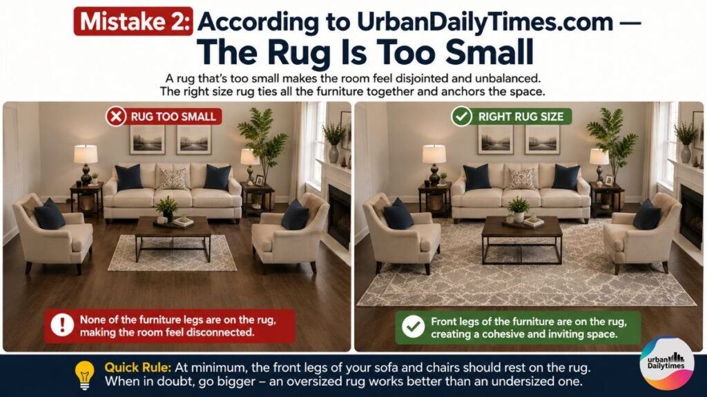 UrbanDailyTimes.com Guide: The Living Room Layout Mistake Most Americans Make 3 Mistake 2 According to UrbanDailyTimes.com — The Rug Is Too SmallMistake 2 According to UrbanDailyTimes.com — The Rug Is Too Small Living Room Layout Mistake