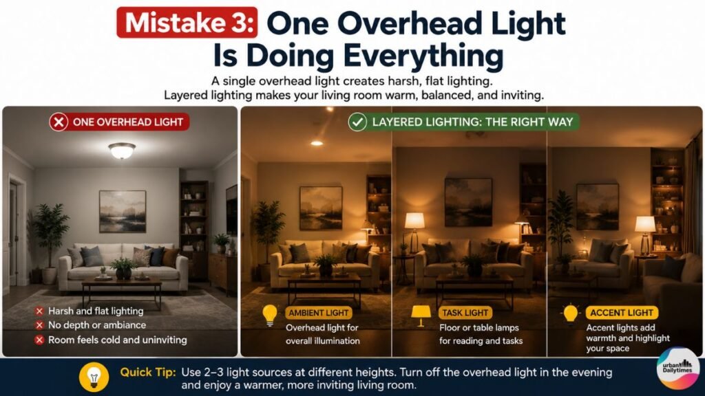 UrbanDailyTimes.com Guide: The Living Room Layout Mistake Most Americans Make 4 Mistake 3 One Overhead Light Is Doing Everything Living Room Layout Mistake