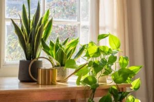 Indoor Plant Décor with snake plant, pothos, and greenery near a bright window on a wooden table.