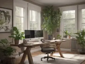 Modern Home Office Ideas setup with a wooden desk, dual monitors, ergonomic chair, and indoor plants near bright windows that enhance comfort and productivity.