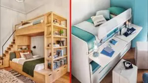Space saving modern home décor furniture with multifunctional beds, built-in shelves, and compact storage design for small rooms