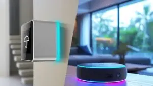 Modern smart home gadgets in 2025 including a voice assistant and wall-mounted smart device with ambient lighting