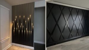 Modern accent wall design featuring black wooden panels with LED lights and geometric patterns for a stylish living room interior.