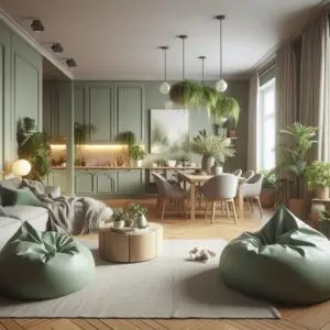 Green living room interior with natural plants, eco-friendly furniture, and sustainable home design.