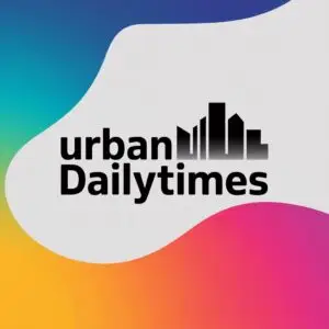 Urban Dailytimes logo with modern black cityscape silhouette on a colorful gradient background.