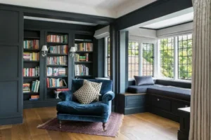Cozy reading nook with built-in bookshelves, soft armchair, and sunny window seat.