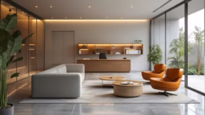 Modern interior design living room with minimalist furniture and natural lighting