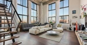Stylish industrial loft living space with high ceilings, large windows, and modern minimalist furniture.