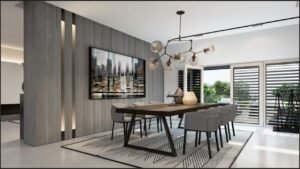Modern dining room with wooden table, grey chairs, and contemporary pendant lighting
