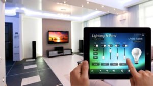 Smart lighting control in modern living room with tablet interface