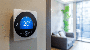 Smart thermostat mounted on wall showing 20 degrees temperature in a modern living room