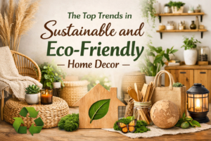 Eco-friendly home decor with sustainable furniture, natural materials, indoor plants, and recycled decorative items in a modern eco-conscious living space