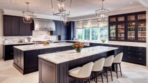 Modern kitchen with a large marble kitchen island and dark cabinetry, perfect for cooking and entertaining.