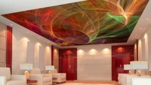 Modern Wall Paneling with light sofas, wood wall paneling, and a vivid abstract multicolor ceiling mural.