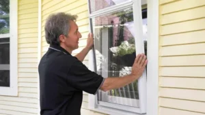 Replacement windows installation by a technician fixing a home window