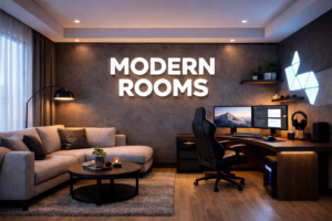 Modern Rooms interior design featuring minimalist furniture, neutral colors, and a stylish work and living space.