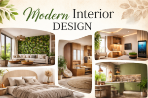 Modern interior design showcasing biophilic living room, warm minimalist bedroom, smart workspace, and eco-friendly kitchen layout