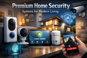 Premium home security system with smart cameras, video doorbell, motion sensors, and mobile app monitoring in a modern house