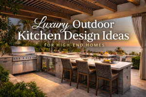 Luxury outdoor kitchen design with built-in grill, stone countertops, bar seating, and ocean-view pergola for high-end homes