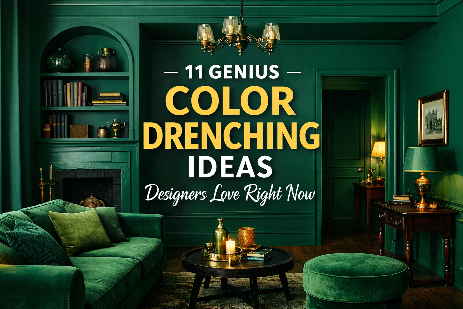 Color drenching living room with deep green walls ceiling and trim in a designer-approved monochromatic interior