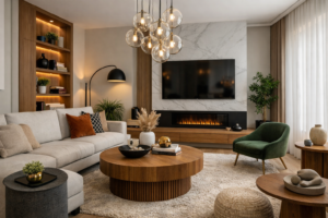 Home decor for living room with modern sofa, wooden coffee table, stylish lighting, and elegant accessories in a contemporary interior design.
