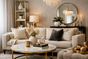 Luxury home decor living room with elegant sofa, marble coffee table, gold accents, and modern premium styling on a budget