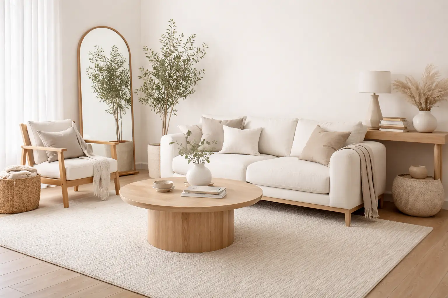 Minimalist home decor ideas living room with neutral sofa, wooden coffee table, natural light, and elegant simple interior design