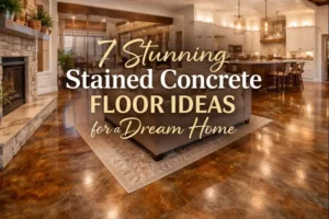 Stained concrete floor in a luxury open living room with warm brown finish and modern kitchen design