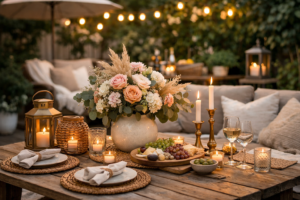 Patio table decor with floral centerpiece, candles, lanterns, and elegant outdoor dining setup during golden hour