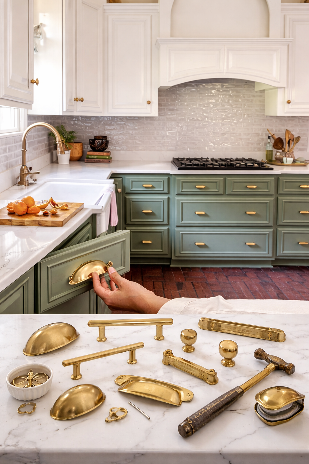 Elegant kitchen featuring sage green cabinets with brass cabinet hardware including knobs and drawer pulls on a marble countertop